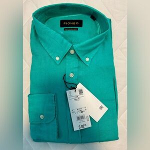 Piombo Men's Teal Linen Button Down Long Sleeve Shirt